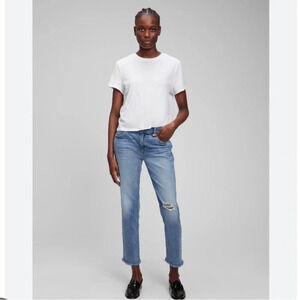 Gap Mid Rise  Girlfriend Jeans With Washwell In Light Destroyed Jeans